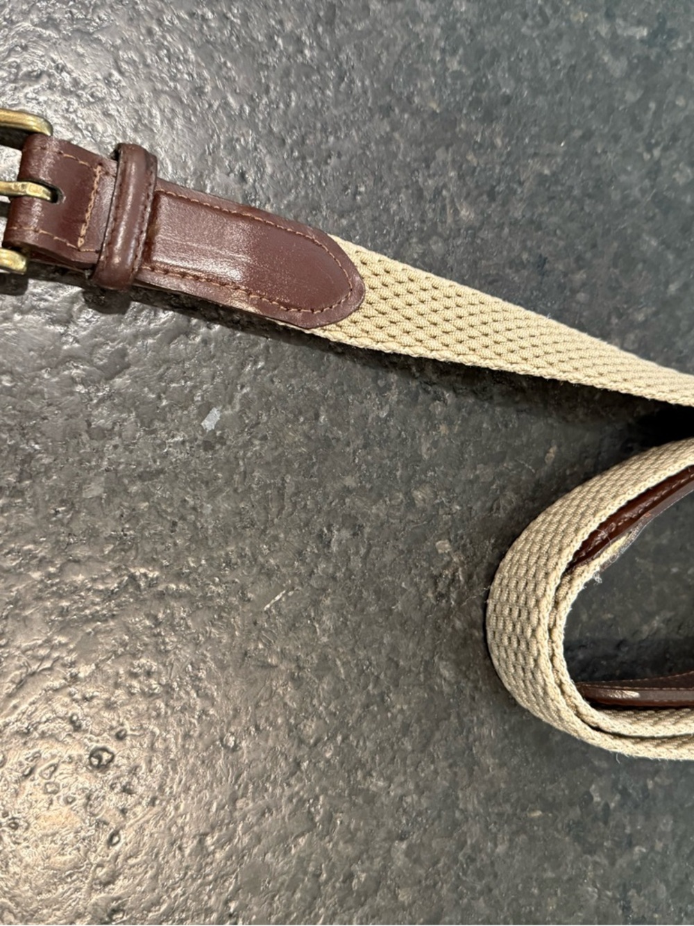 Men's Beige Woven, Canvas and Brown, Genuine Leather Belt with Brass Hardware.